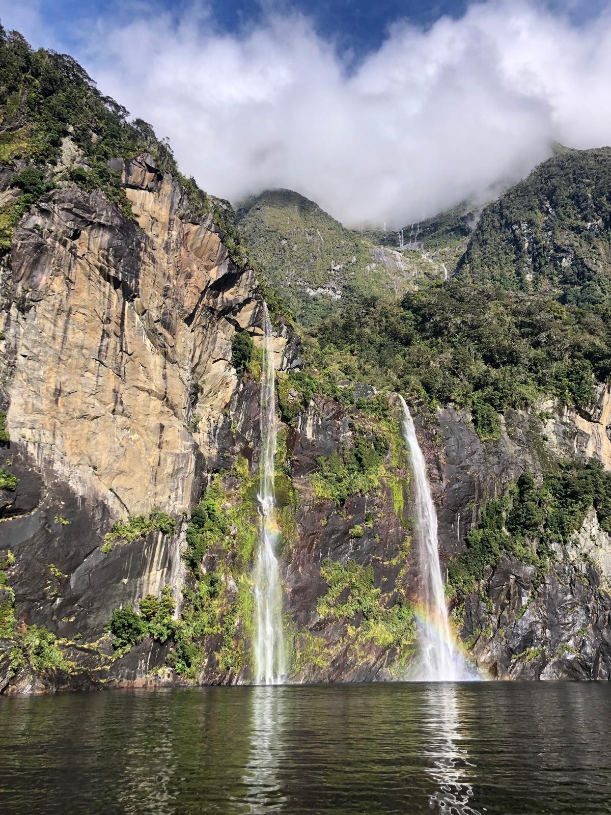 Milford Sound rainbow waterfall